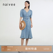 納薇（naivee）商場(chǎng)同款夏新款設計感復古港風(fēng)高腰泡泡袖魚(yú)尾連衣裙女 藍色 M