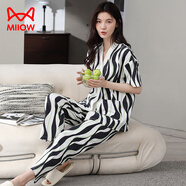 貓人純棉睡衣女夏季薄款短袖七分褲休閑可外穿全棉開(kāi)衫女士家居服套裝 916黑白紋短袖長(cháng)褲 2XL 【建議140-160斤】