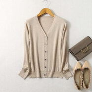 細膩軟糯 真絲絹絲棉羊絨混紡 長(cháng)袖V領(lǐng) 薄款針織開(kāi)衫 女 米色 L L92-106斤
