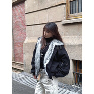 QGF毛領(lǐng)座山雕棉服男女士秋冬季美式復古十字架夾克衣襖加厚保暖外套 my846黑灰色【pu皮面料升級款】 XL [建議110-130斤]