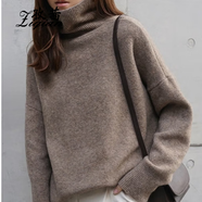 孜茜秋冬新款女高領(lǐng)加厚寬松羊毛衫韓版時(shí)尚慵懶范廓形毛衣針織毛絨衫 深駝色 XL