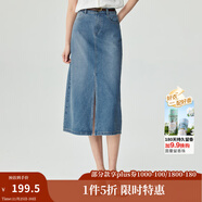 茵曼（INMAN）時(shí)尚復古開(kāi)叉牛仔半身裙女2025春秋高腰顯瘦舒適中長(cháng)裙子 淺牛仔藍 S