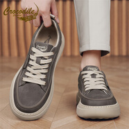 鱷魚(yú)恤男鞋2025新款冬季潮流百搭厚底板鞋皮面工作鞋運動(dòng)休閑鞋子 卡其 41