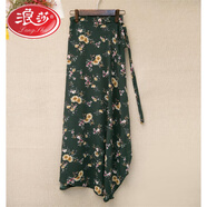 浪莎一片式印花系帶裹身裙度假風(fēng)高腰開(kāi)叉雪紡包臀裙半身不規則沙灘裙 綠底皺菊 均碼