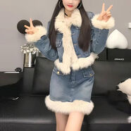 抖音爆款女裝2023秋冬新款淑女風(fēng)時(shí)尚牛仔毛毛拼接女士精品套裝裙 甜美短裙套裝【大廠(chǎng)品質(zhì)】 S  建議【100斤以下】】