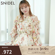 SNIDEL秋冬甜美荷葉邊露肩收腰系帶印花連衣裙SWFO244271 花朵圖案 M （1）