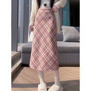 秋冬款甜美粉色格子毛呢包臀半身裙女韓系超好看后開(kāi)叉直筒a字裙 粉色*毛呢裙【中長(cháng)款】后開(kāi)叉 S  建議80-98斤