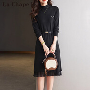 拉夏貝爾（La Chapelle）歐根紗拼接針織連衣裙女秋冬2025新款腰帶顯瘦配大衣打底毛衣裙子 黑色 L