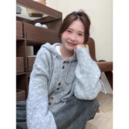鹿王戀雪韓系連帽開(kāi)衫毛衣女秋冬季2025新款寬松慵懶風(fēng)軟糯針織衫外套上衣 灰色 M 95-105斤