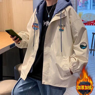 菲尼東爵春秋款假兩件連帽外套男套裝ins原宿韓版潮流夾克套裝港風(fēng)外套 H206卡其色加絨加厚 XL (建議125-140斤)