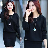 紜鴦秋冬連衣裙兩件套韓版蝙蝠袖毛衣女打底包臀短裙套裝一步裙針織衫 黑色 M