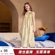 兩三事梵高文藝綁帶壓褶吊帶連衣裙背心女夏季法式印花長(cháng)裙養夢(mèng)者 杏色 S