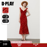 DPLAY2025年秋季新款法式黃色連衣裙女吊帶印花碎花海邊度假沙灘裙子 盛夏玫瑰紅 XL （尺碼偏小，推薦選大一號）