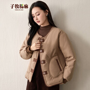 子牧棉麻冬裝 女復古文藝撞色拼接寬松休閑外套棉服上衣3113 卡其色 M (建議95-115斤)