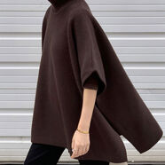 韓國chic秋冬復古氣質(zhì)高領(lǐng)開(kāi)叉設計寬松百搭斗篷式針織衫毛衣女 咖啡色 均碼 均碼