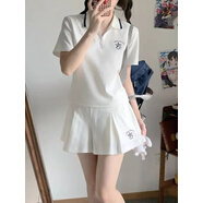 褲裙套裝女兩件套休閑運動(dòng)套裝女夏學(xué)院風(fēng)韓版少女polo衫減齡短袖 白色上衣+百褶裙褲 S (建議80-95斤）
