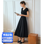 Olrain歐芮兒深灰色連衣裙女裝夏季新款時(shí)尚收腰顯瘦傘擺裙子 黑色 M