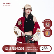 BJHG不計后果紅色棒球服男款秋季2025新款潮牌呢子外套美式夾克上衣女 朱纓紅 M