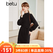 betu百圖女裝網(wǎng)紗拼接小高領(lǐng)木耳邊燈籠袖針織連衣裙女2110T69 黑色 L