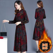 丹俏麗毛呢加絨加厚長(cháng)裙冬裝新款印花連衣裙顯瘦改良旗袍打底裙 酒紅色加絨A67-2015 M M建議80斤內
