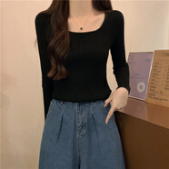 以純（YISHion）秋冬2025新款方領(lǐng)修身緊身長(cháng)袖打底針織衫上衣加厚加絨黑色毛衣女 黑色- 常規 均碼 高彈力 70-125斤