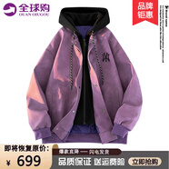 MCOMKER官方潮牌夾克男女款秋冬加絨PU皮衣連帽寬松港風情侶休閑外套 紫色（NE01） XL（建議140-155斤）