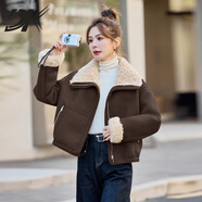 DK品牌女裝氣質(zhì)Pu皮革夾克女秋冬季新款加絨加厚上衣小個(gè)子外套 咖色 M