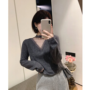 塔馳密司（touchmiss）波點(diǎn)蕾絲網(wǎng)紗拼接針織衫秋冬內搭氣質(zhì)優(yōu)雅上衣 深灰色 均碼