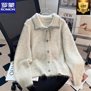 羅蒙韓系簡(jiǎn)約撞色翻領(lǐng)系帶毛衣女秋冬新款甜美溫柔風(fēng)軟糯外套女針織衫 杏色 均碼