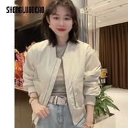 圣羅地奧棒球服外套女2025春季容易搭配棒球制服小夾克西式Pu拼布立領(lǐng)短女 米色 M 建議85100斤