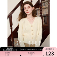 三彩獨醒2025秋季新款波浪邊V領(lǐng)針織衫毛衣短開(kāi)衫鏤空單排扣F 奶油色 XL