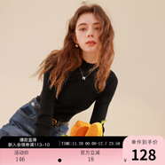 三彩冬款純色坑條針織衫木耳邊半高領(lǐng)修身打底內搭簡(jiǎn)約女 經(jīng)典黑 M