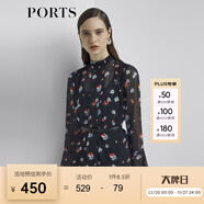PORTS寶姿新品女裝宮廷復古荷葉袖雪紡襯衫LL8B090KPP052 黑色印花 L (8)