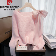 皮爾卡丹韓系甜美米白色蝴蝶結蝙蝠袖毛衣女秋冬新款設計感寬松短款上衣 粉色 均碼