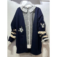 夢(mèng)箱子2023秋新款貓先生刺繡百搭寬松中長(cháng)開(kāi)衫女日系森女毛衣外套 狗狗刺繡條紋袖藏青 均碼 均碼