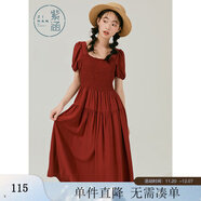 紫涵方領(lǐng)泡泡袖連衣裙女夏新款小眾蕾絲中長(cháng)裙高腰打攬七夕送女生 復古紅 XL