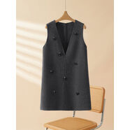 純手工釘珠花朵綿羊毛背心裙女2025秋冬新款V領(lǐng)灰色雙面呢連衣裙 灰色 S S105斤之內