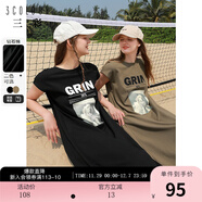 三彩2024夏季新款休閑T恤裙圓領(lǐng)印花寬松連衣裙鏤空中長(cháng)裙簡(jiǎn)約女 經(jīng)典黑 M 160/84A