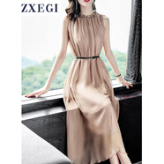 ZXEGI真絲女裝100%桑蠶絲連衣裙夏季收腰中長(cháng)款高檔背心真絲裙子中長(cháng)款 香檳色（裙長(cháng)122cm） 均碼