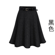言當大碼半身裙胖mm200斤秋冬特女裝季毛呢女加肥加大中長(cháng)高腰A字傘裙 黑色 不送腰帶 4XL