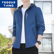YOOOURTHING夾克男春秋冬連帽外套韓版潮流加絨加厚修身大碼青少年休閑上衣男 JK9979-牛仔藍 常規 M (建議85-100斤)