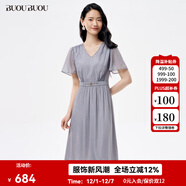 BUOUBUOU天湖女神2025秋新品V領(lǐng)釘珠喇叭袖雪紡順紆縐連衣裙女 灰色B86 S