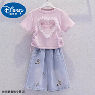 迪士尼寶寶女童套裝夏裝2025新款洋氣短袖上衣夏季兒童短褲牛仔五分褲兩件套 粉色花邊短袖+繡花五分短褲 120 建議110-120cm3-4歲 建議身