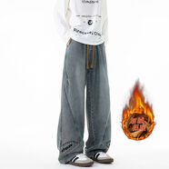 尊首（ZUNSHOU）加肥加大碼彎刀水洗牛仔褲男百搭寬松直筒工裝闊腿長(cháng)褲美式復古 藍色加絨 8XL