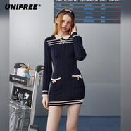 UNIFREE針織長(cháng)袖連衣裙復古撞色娃娃領(lǐng)洋氣收腰美式包臀裙子 藏藍色 L