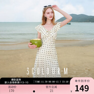 三彩2025夏季新款提花連衣裙波點(diǎn)印花荷葉邊收腰長(cháng)裙法式M 米白色花卉 S 155/80A