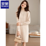 羅蒙（ROMON）半高領(lǐng)釘珠針織連衣裙女秋冬新款洋氣燈籠袖寬松過(guò)膝毛衣打底裙 杏色 M