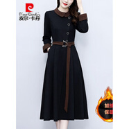 皮爾卡丹（pierre cardin）秋冬氣質(zhì)長(cháng)袖加絨保暖連衣裙女2023新款高檔媽收腰顯瘦打底裙子 黑色(加絨加厚) M