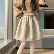 MODX香港潮牌碎花中裙加厚毛呢半身裙女秋冬氣質(zhì)甜美a字傘裙法式短裙 杏色 S