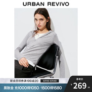 UR2025秋季新款女裝潮流假兩件撞色拼接連帽拉鏈T恤UYV450243 淺灰花灰 M